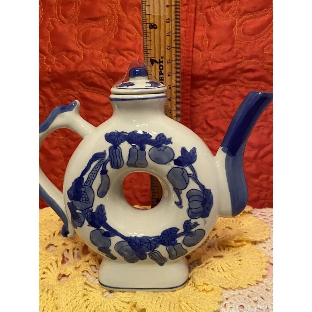 Cobalt‎ Blue Donut Shaped teapot With Lid Vegetable And Fruit Pattern. Mini